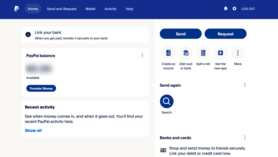 PayPal balance screen