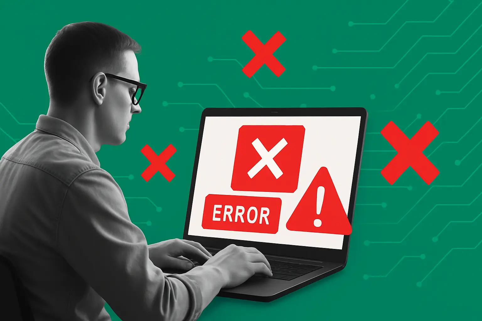 A man using a laptop displaying red error symbols and warning icons, representing the message “your IP has been temporarily blocked.”