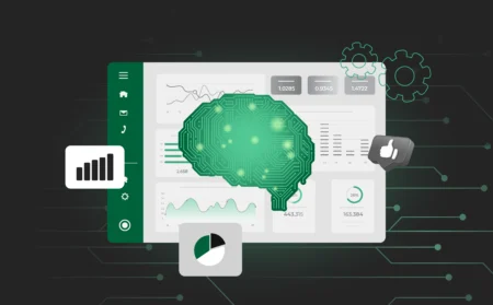 A sleek, modern dashboard interface filled with charts, graphs, and a glowing AI brain or circuit-style icon hovering above. The background features abstract data streams or binary code fading into a clean gradient.