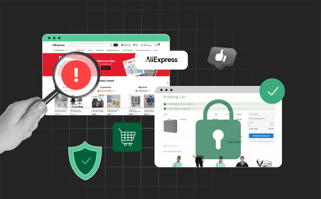 The image could show a split-screen: one side with a magnifying glass over AliExpress to represent caution, and the other side with a secure shopping cart.