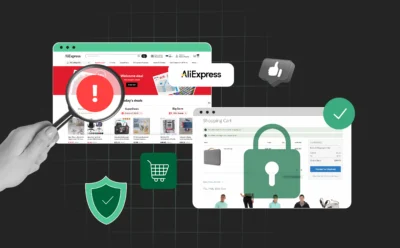 The image could show a split-screen: one side with a magnifying glass over AliExpress to represent caution, and the other side with a secure shopping cart.