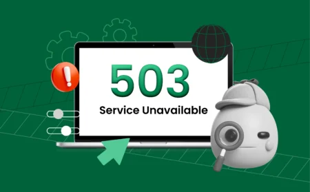 A clean illustration showing a computer or phone screen with a clear “503 Service Unavailable” error message. Include a friendly character with a magnifying glass or wrench to represent troubleshooting.