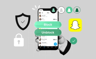 A smartphone screen showing the Snapchat app with “Block” and “Unblock” buttons highlighted. The background has simple privacy icons like a shield or lock.