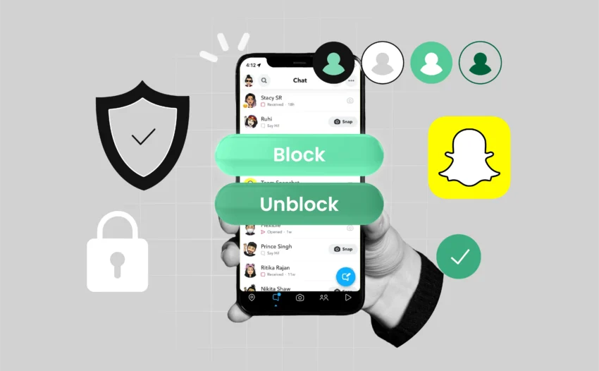 A smartphone screen showing the Snapchat app with “Block” and “Unblock” buttons highlighted. The background has simple privacy icons like a shield or lock.