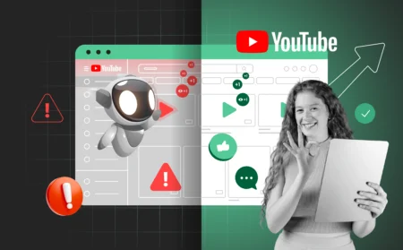 A split image: one side shows a robot hand clicking a YouTube play button with fake view counters and warning icons; the other side shows a person editing a video with real engagement icons like likes, comments, and growth charts.