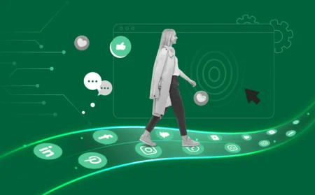 A person walking on a glowing trail of digital icons—like social media, shopping carts, and location pins—set against a dark background with a faint fingerprint behind them.