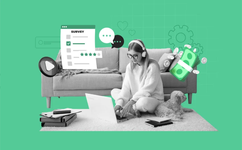 A cozy home workspace with a person using a laptop. Around the laptop, icons representing different online jobs (like money, surveys, and pets) float gently.