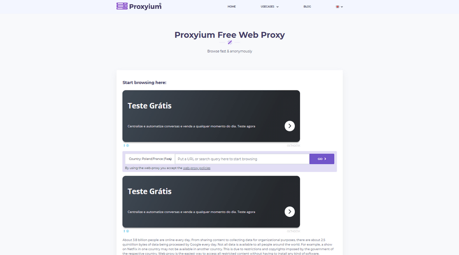 Proxyium.com Free Web Proxy interface with URL bar and ads