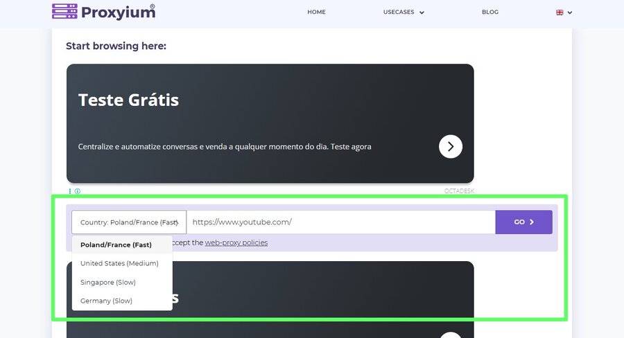 Proxyium free web proxy interface showing server location dropdown (Poland/France, United States, Singapore, Germany) with a YouTube URL entered and a purple Go button.