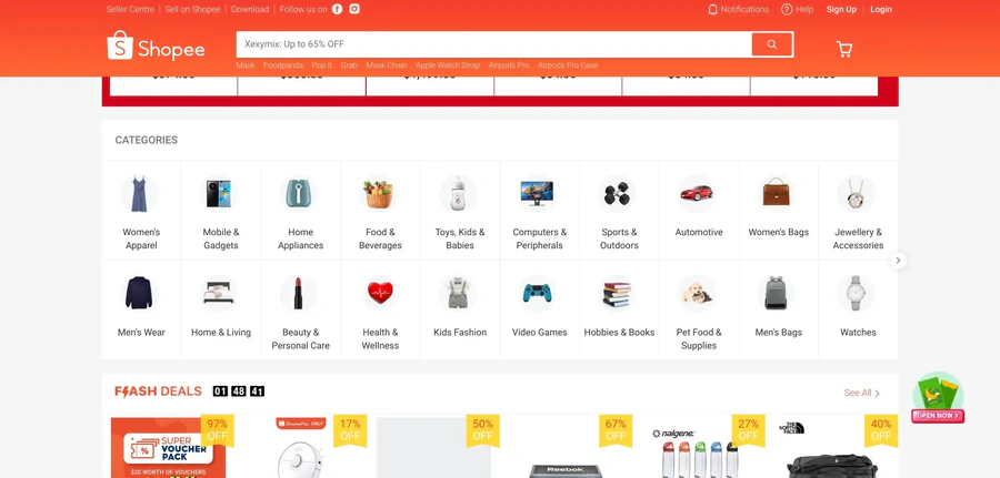 Shopee main page with products