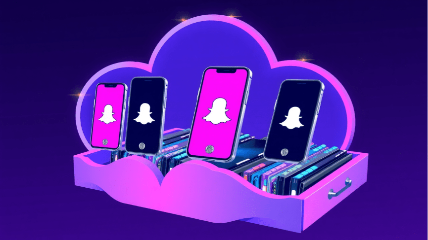Illustration of multiple virtual smartphones with Snapchat logos, symbolizing management of multiple Snapchat accounts
