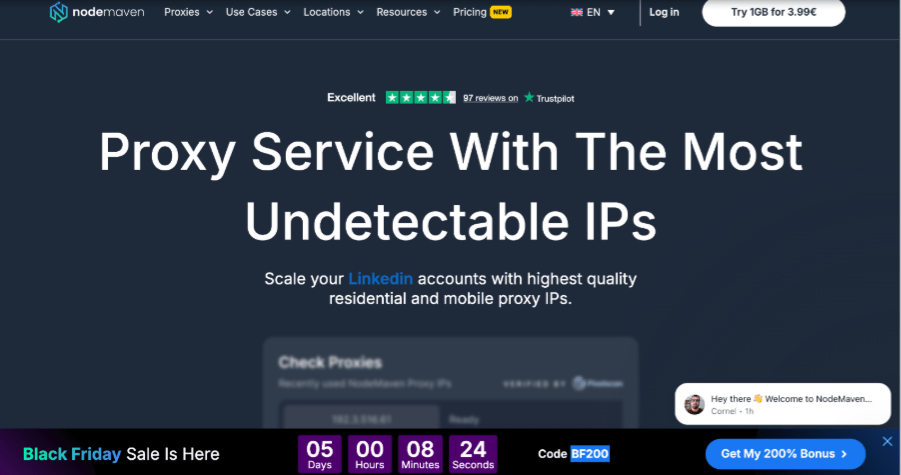 Screenshot of NodeMaven proxy service promoting high-quality undetectable IPs for safe management of multiple Snapchat accounts