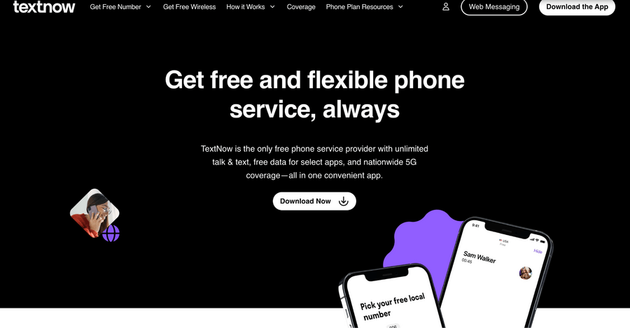 TextNow interface showing a US temporary phone number for free SMS verification