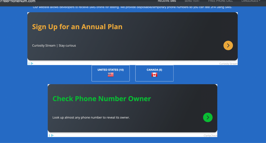 FreePhoneNum website displaying a temporary free phone number for receiving SMS verification codes online