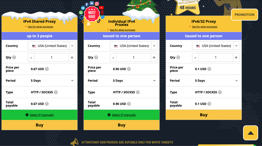 Proxyline pricing page with plans, datacenter proxies, ipv6, ipv4.