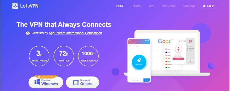 LetsVPN interface with instant connect feature — good VPN for China with quick and simple setup