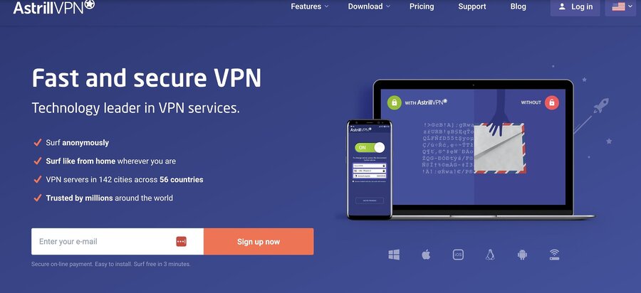 AstrillVPN homepage highlighting fast and secure service - a recommended VPN for China